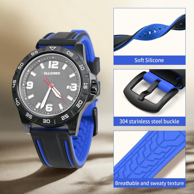 ULLCHRO Silicone Watch Strap Replacement Rubber Watch Band Waterproof Bicolor Men Women - 20, 22, 24, 26mm Watch Bracelet with Brushed Stainless Steel Buckle Black (26mm, black & blue) - Image 5